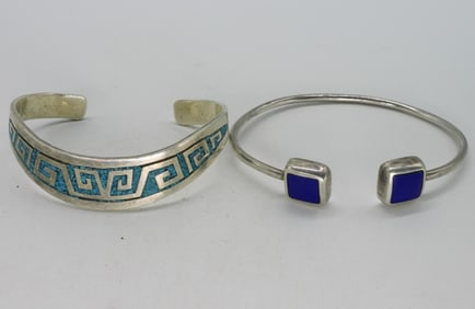 2 Sterling Taxco Bracelets - Turquoise & Lapis