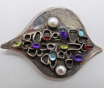Large Sterling Brooch with Amethyst Gems +