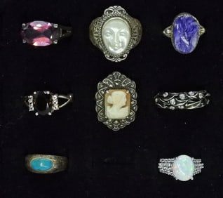 8 Sterling Rings, Cameo & Gemstones