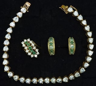 Gold Tone 925 Emerald Ring, Earrings More