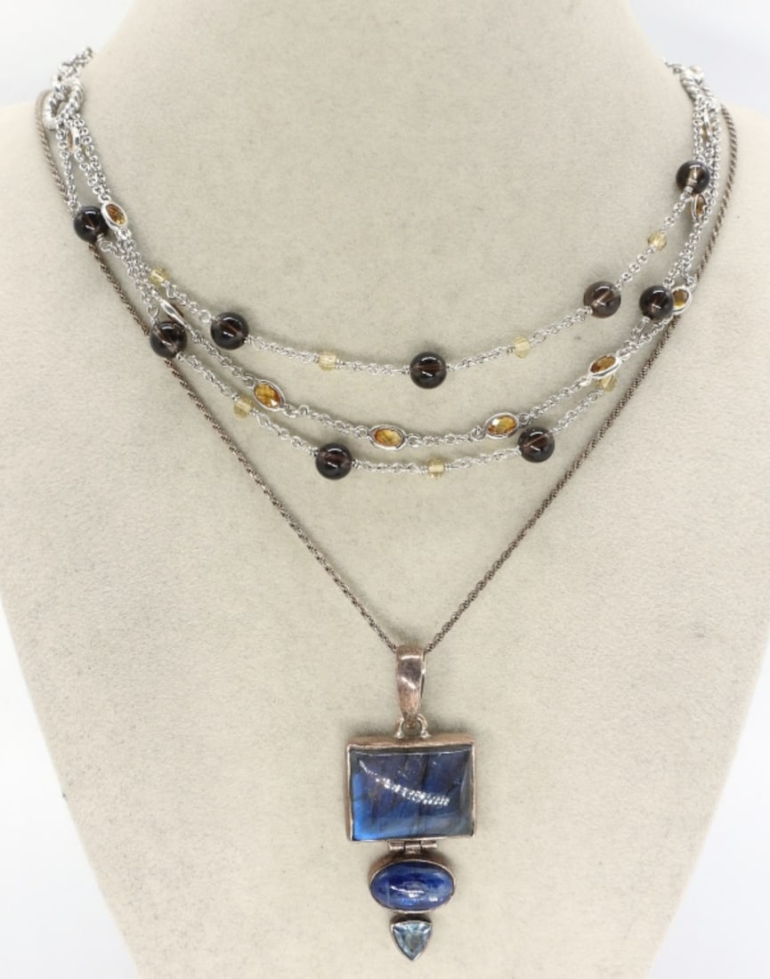 2 Sterling Necklaces - Labradorite & Citrine: Two sterling necklaces. Labradorite is 24" long. Beaded sterling & citrine necklace, 18". (20 dwt)