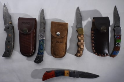 Five Damascus Blade Folding Knives