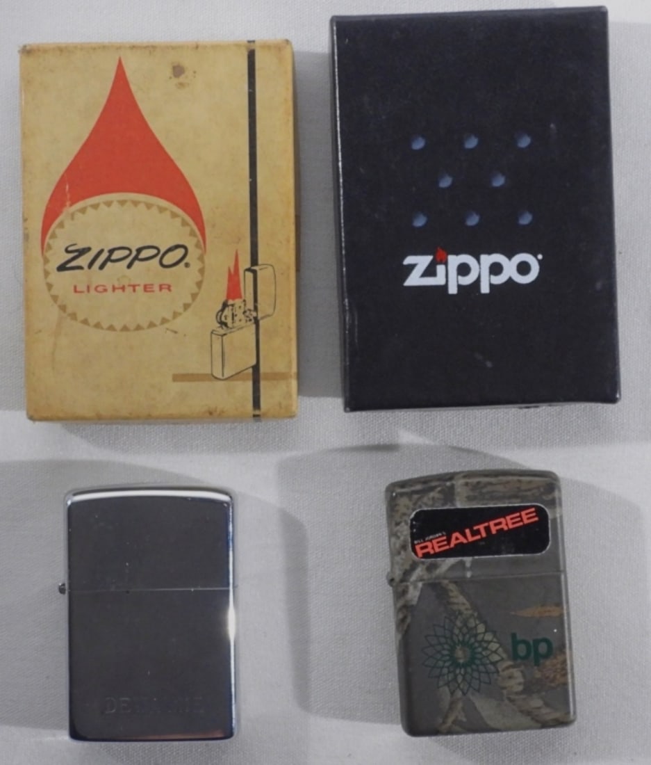 Two Zippos: 1) April 2006 has BP and a flower. 2) is a Zippo that has Dewayne inscribed into it