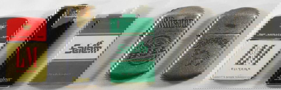 5 Cigarette Brand Advertising Lighters: Vintage lot of 5 cigarette brand advertising lighters, Camel/Salem. Untested as to whether it works or not.