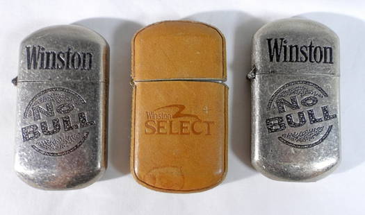 (3) Winston Flip Top Lighters: Untested one leather and two are silver toned lighters