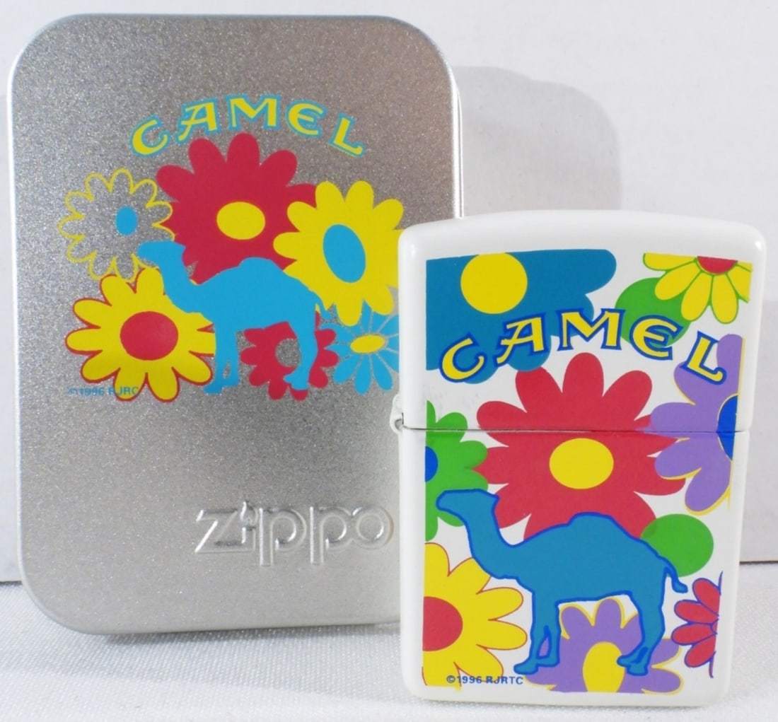 1996 Joe Camel Flower Power Zippo Sealed: Comes in its original tin case. White matte, 1996