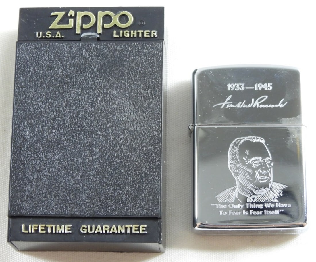 1990 Franklin Roosevelt Zippo: 1990 The Presidential Series Franklin Roosevelt Zippo Lighter. Unfired, in a box.