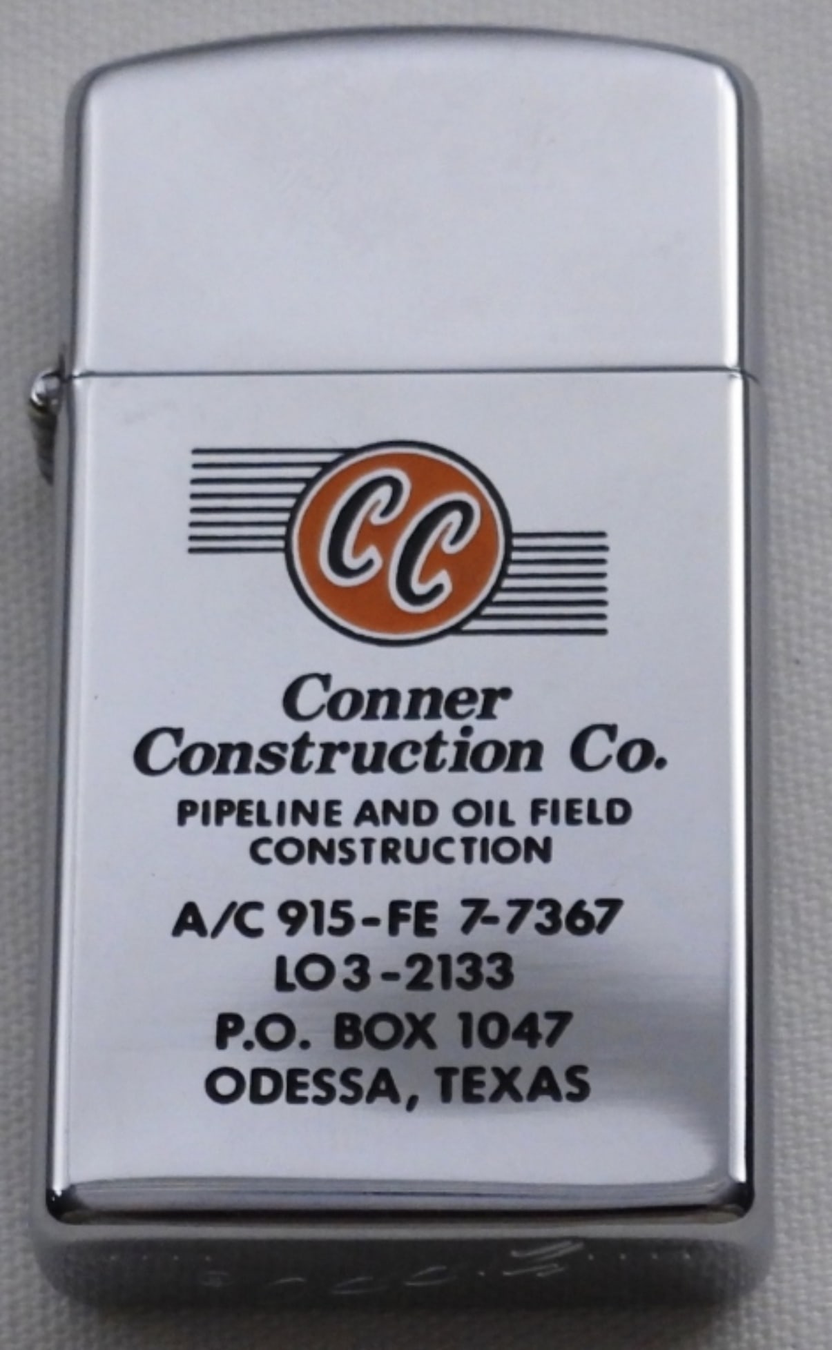 1966 Advertising Slim Zippo Unfired: 1966, still in its original box, Advertising " Conner Construction Co. Odessa, Texas". Unfired