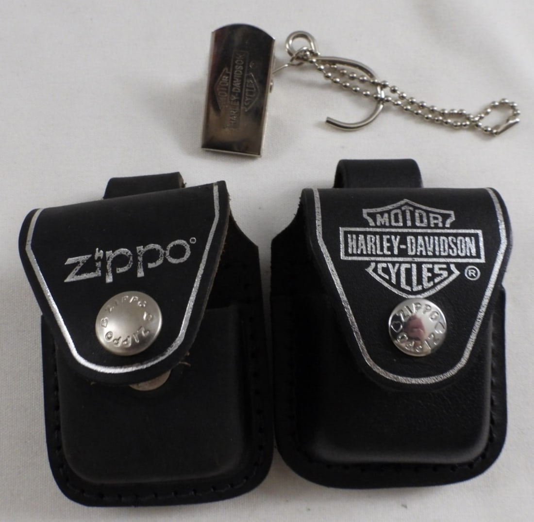 Two Leather Harley-Davidson Zippo Holders: Both Black and hook to a belt