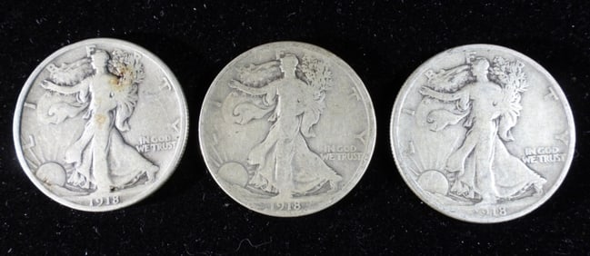 (3) 1918 Liberty Walking Half Dollar