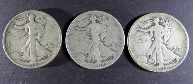 (3) 1918 Liberty Walking Half Dollar