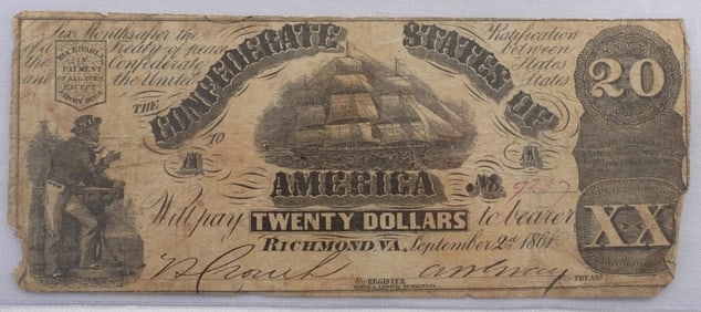 Confederate 1861 $20 Large Bill - No 9237
