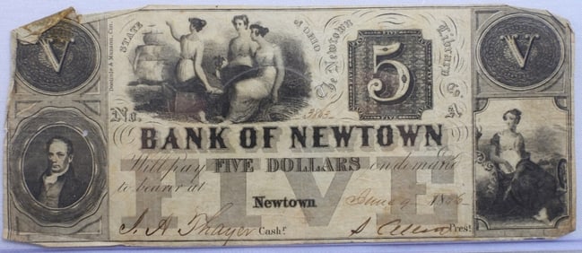 Obsolete - Bank of Newtown 1846 $5 Large Bill
