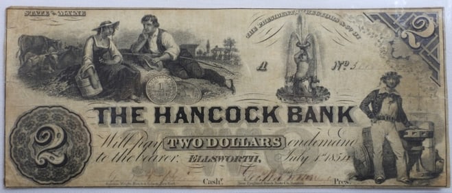 The Hancock Bank $2 Large Bill 1854 - Maine
