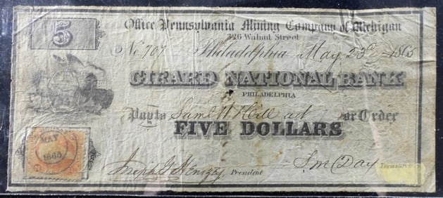 1865 $5 Philadelphia, PA Obsolete
