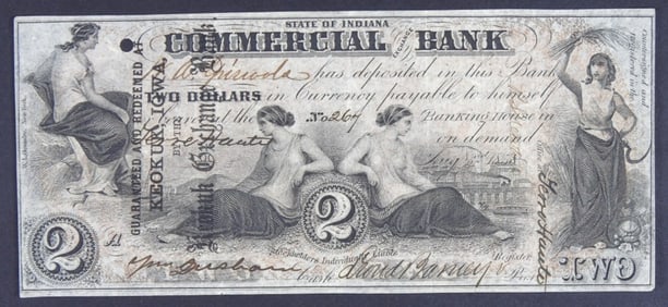 1858 $2 State Of Indiana Obsolete Note