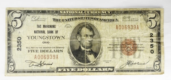 1929 $5 Youngstown OH National Currency