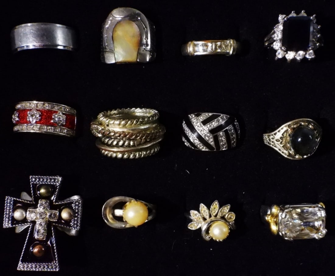 12 Silver-Tone Rings: Different styles and sizes