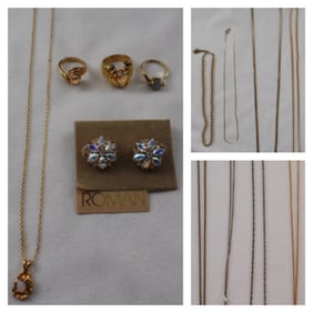 (9) Gold-Tone Necklaces, (3) Rings, & Earrings