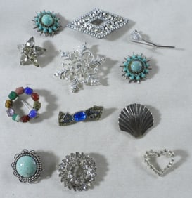 12 Silver-Tone Brooches