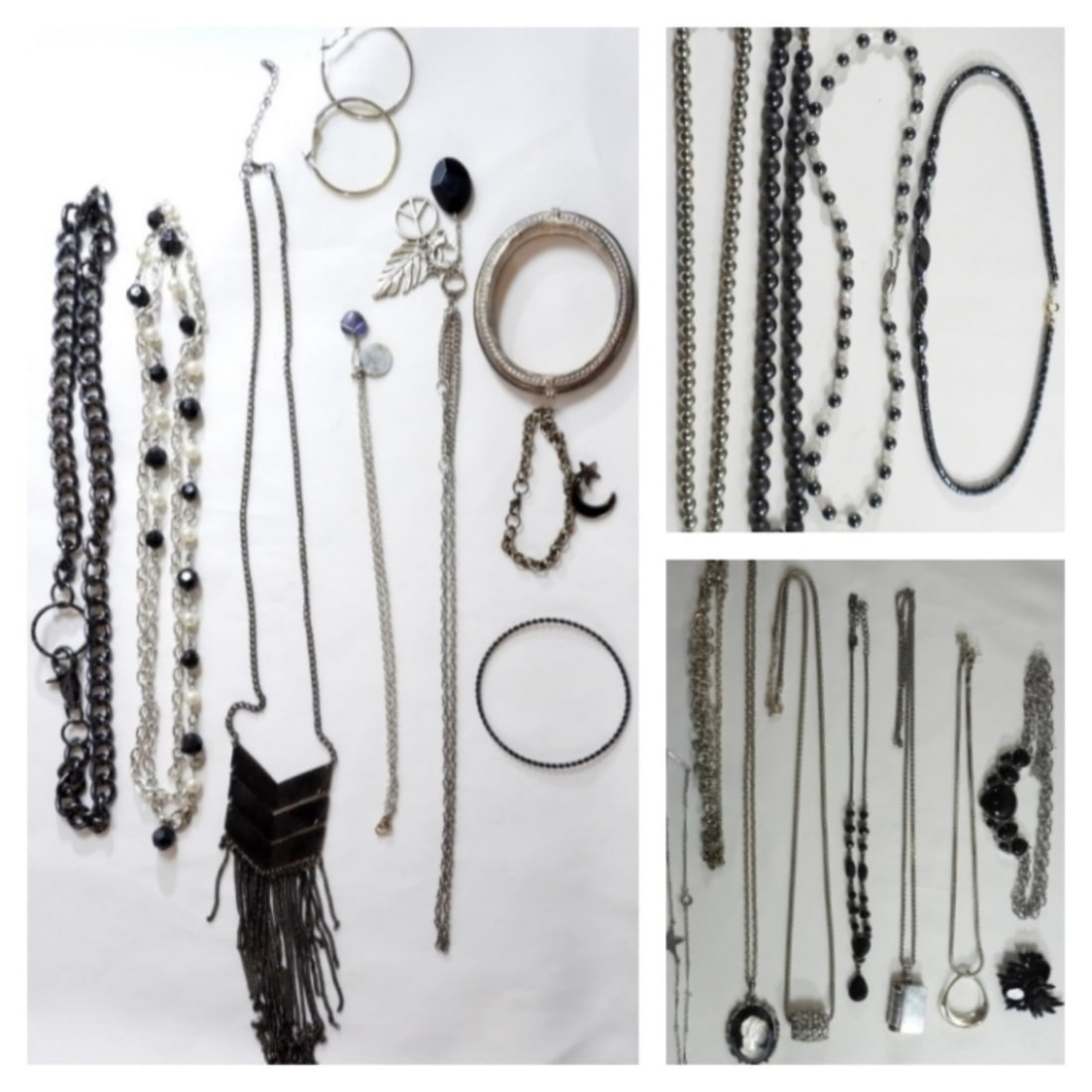 Silver-Tone With Dark Colors Lot: A brooch, 1 pair of earrings, 3 bracelets, and 17 necklaces, different styles and lengths