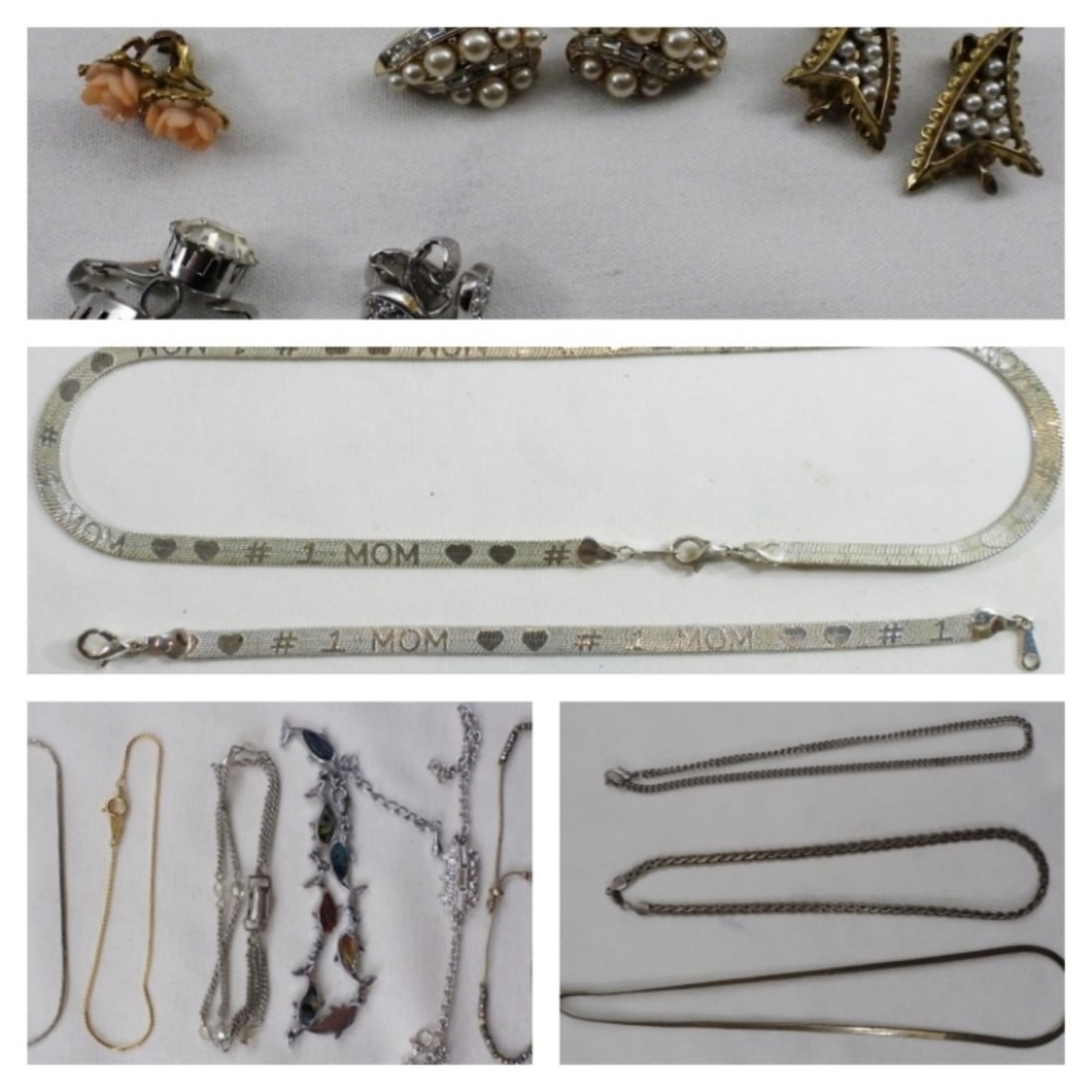Mixed Jewelry Lot: matching #1 Mom necklace and bracelet, 6 dainty bracelets, 3 silver-tone necklaces, and 5 pairs of clip-on earrings