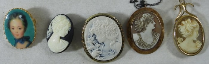 5 Large Cameo Brooches & 1 Chain
