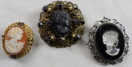 Cameo Brooches Lot Of 3