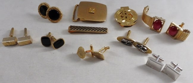 Men's Lot 7 Cufflinks, Belt Buckle, Money Clip