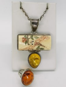 Amber & Carved Bone Necklace, Ring 925