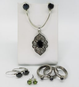 Dark Gemstoned Rings, Necklace & Earrings