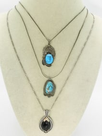 3 Sterling Turquoise & Black Onyx Necklaces