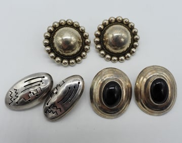 3 Pair Sterling Taxco Clip On Earrings