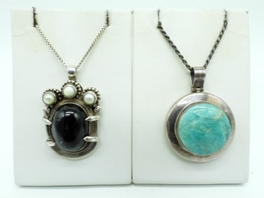 2 Pendants, Amazonite & Black Cats Eye 925