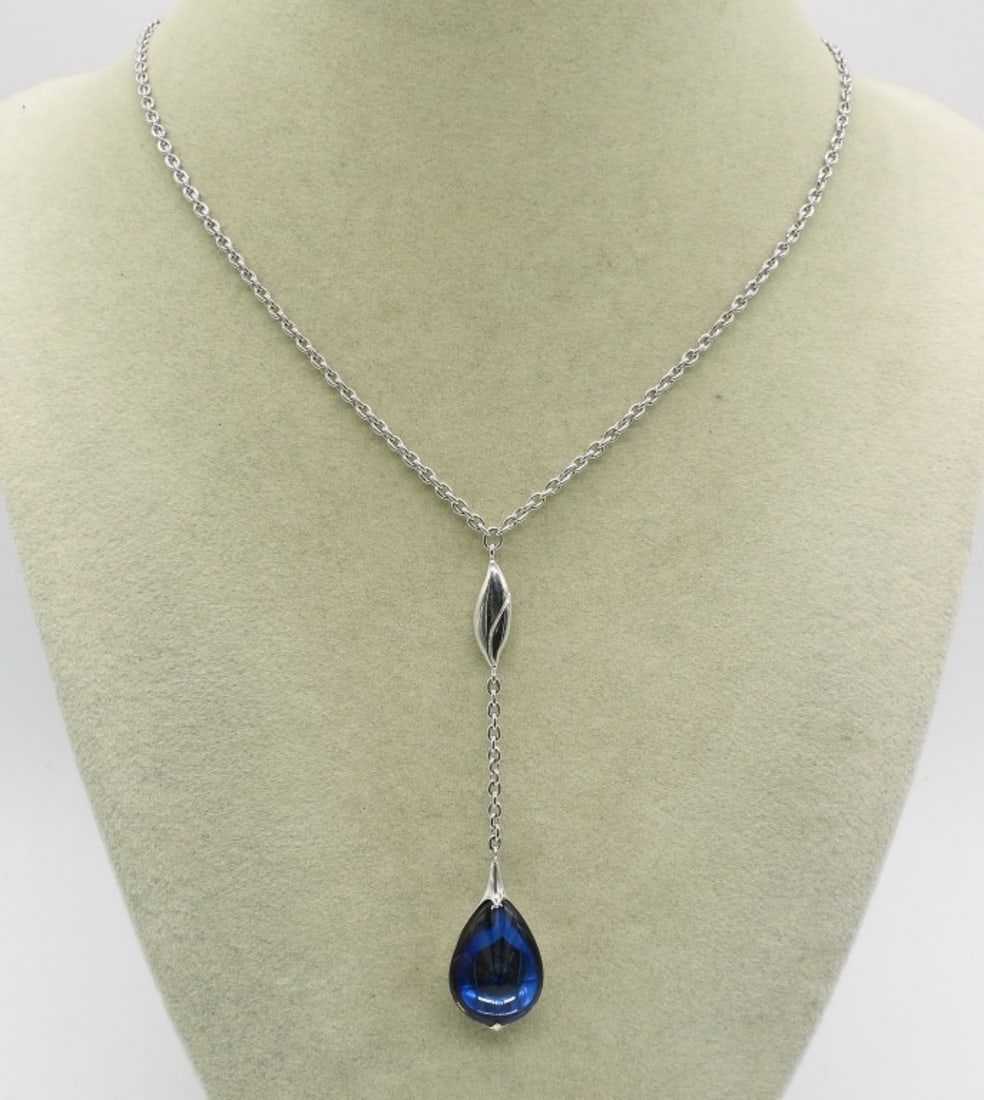 Baccarat Blue Crystal Lariat 925 Necklace: Baccarat blue crystal lariat necklace, sterling. 18" with 3" drop. (7.5 dwt)