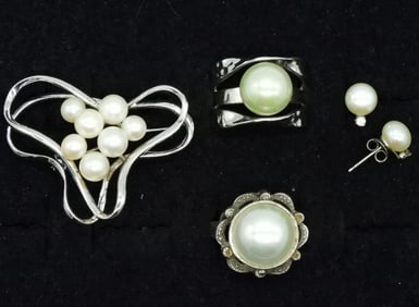 Sterling Pearl Rings, Earrings & Pin
