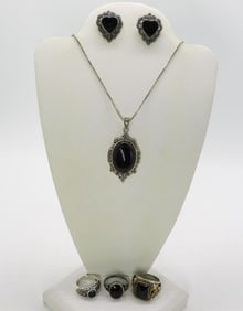 Black Onyx Necklace, Rings & Earrings 925