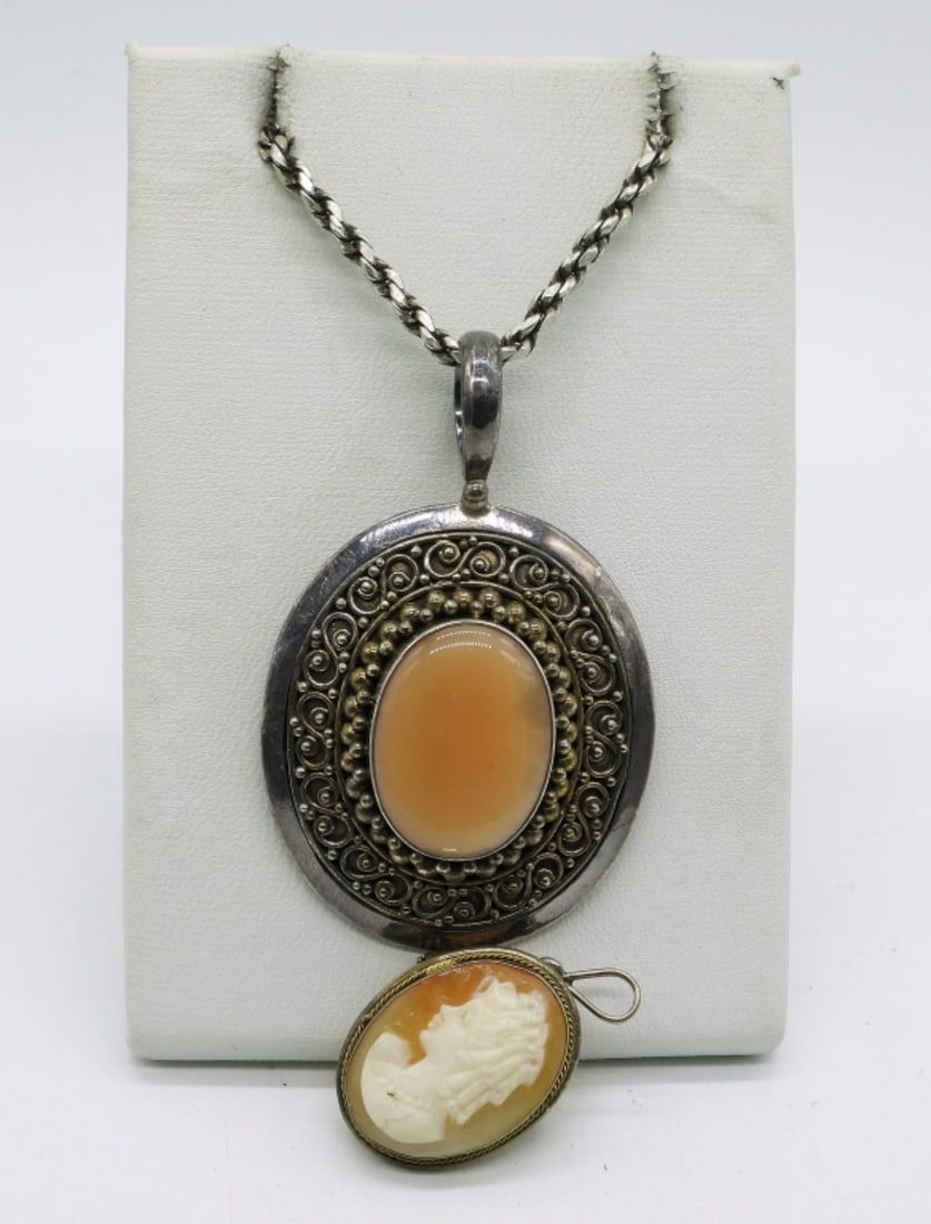 Suarti Bali Peach MOP & Cameo 925 Pendants: Sterling Suarti Bali Peach Mother of Pearl pendant, 2" on a 20" chain. Cameo pendant / pin, 1". (19 dwt)