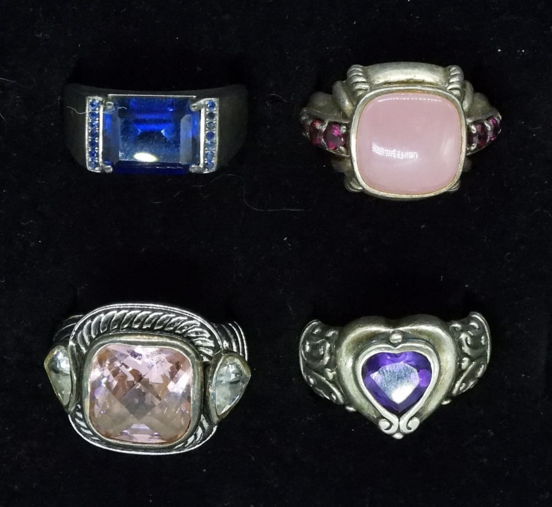 Sterling Brighton, Ripka, Stauer Rings: All Sterling. Brighton Prima Donna ring, size 8. Judith Ripka pink gemstone ring, size 9. Stauer blue gemstone ring, size 9. Pink gemstone ring, size 8. (25 dwt)