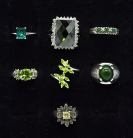 7 Sterling Rings with Various Green Gemstones