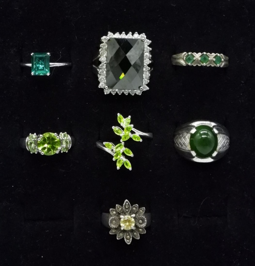 7 Sterling Rings with Various Green Gemstones (1 of 2)