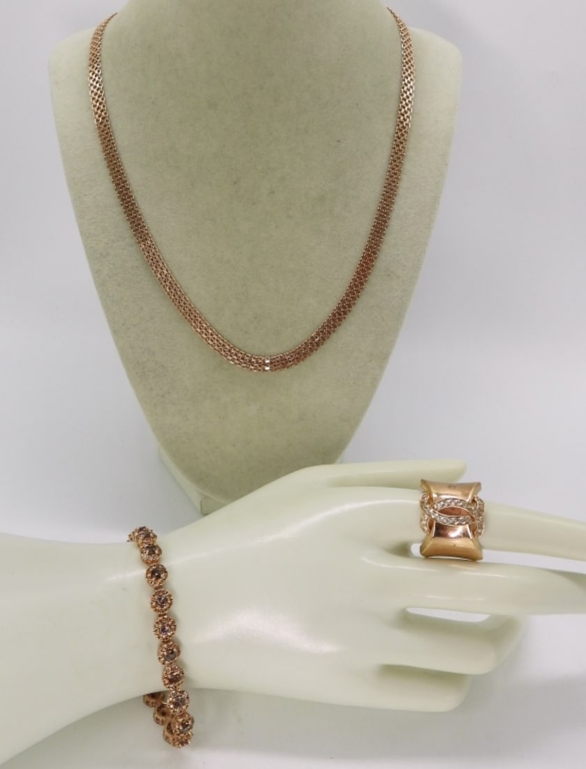 Sterling Rose Gold Ring, Bracelet Set: Sterling with rose gold tone. Ring size 9. Bracelet, 7.5". Necklace, 20". (26.1 dwt)
