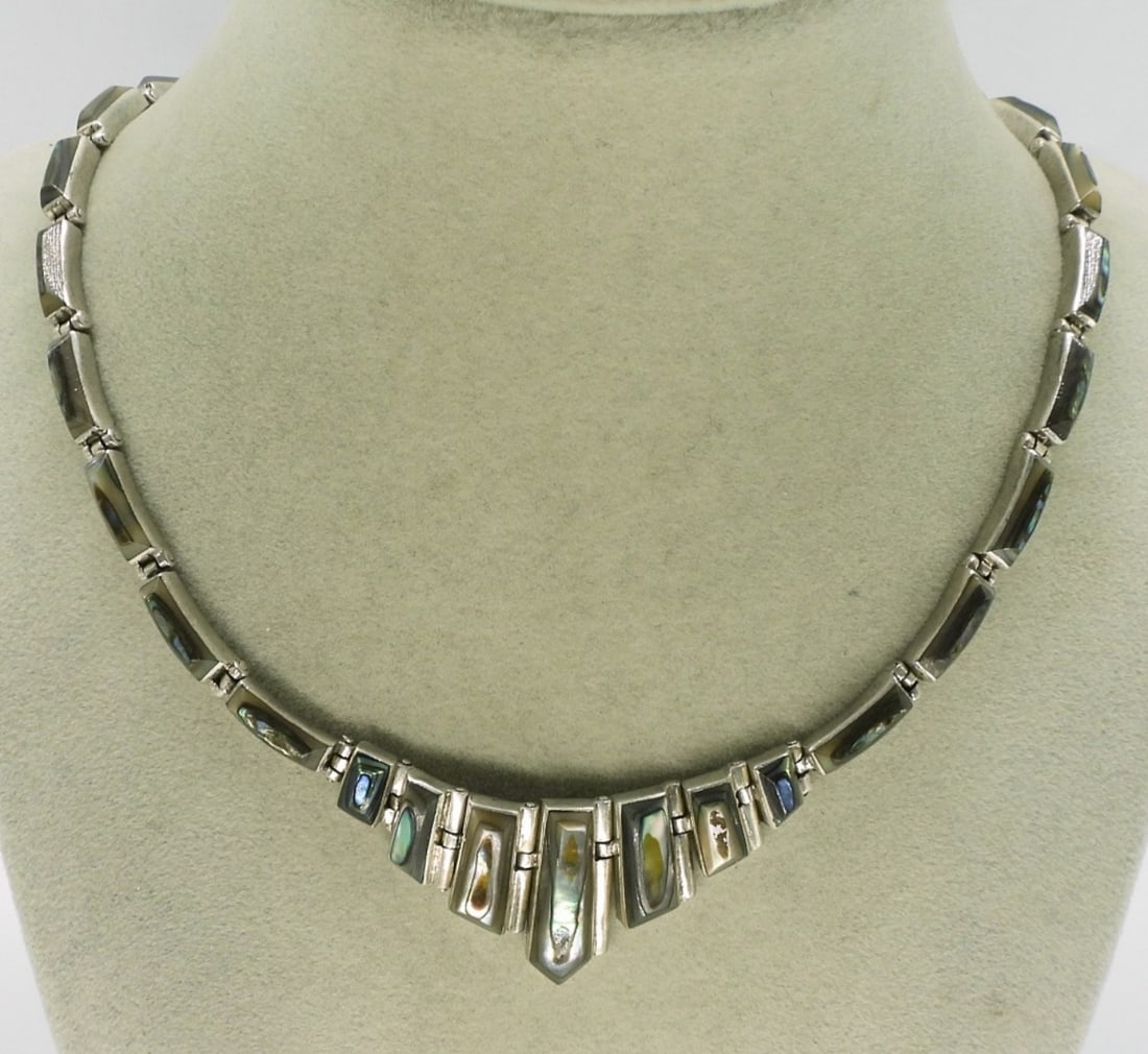 Abalone 950 Silver Taxco Necklace: 950 Silver Abalone Taxco Necklace, 17". "950 Mex TR-196". (24 dwt)