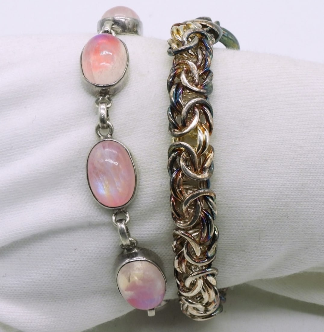 Pink Moonstone 925 Bracelet & More: Two sterling bracelets. Moonstone with pink tinge. 7-8". (19 dwt)