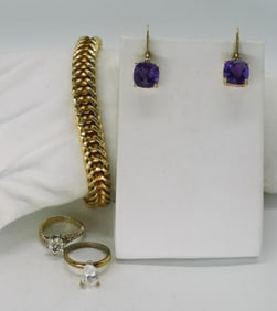 Gold Tone 925 Rings, Amethyst Earrings +