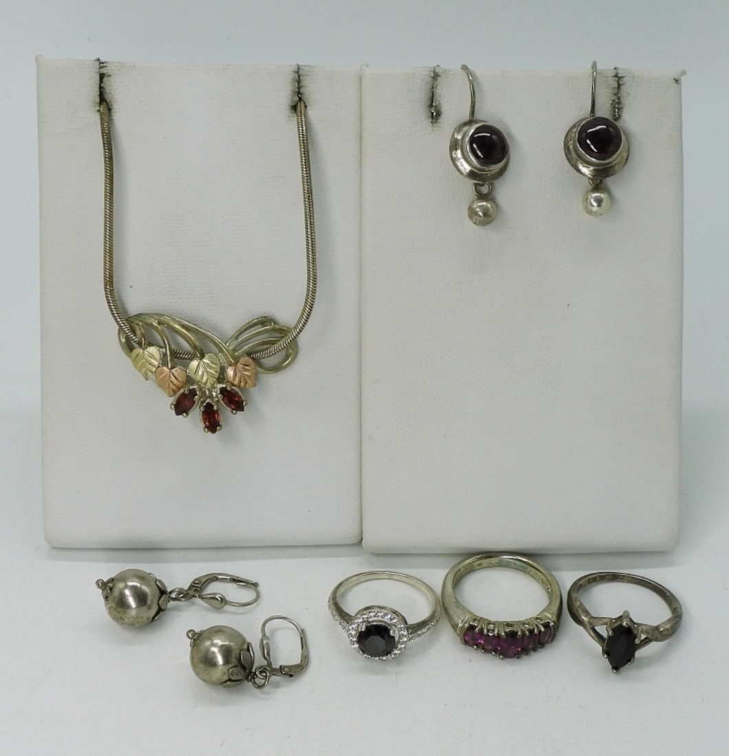 Garnet & Spinel 925 Rings, Earrings, Necklace: Garnet and Spinel sterling rings, sizes 6-7. Two pair of sterling earrings, one sterling necklace with garnets, 18". (19 dwt)