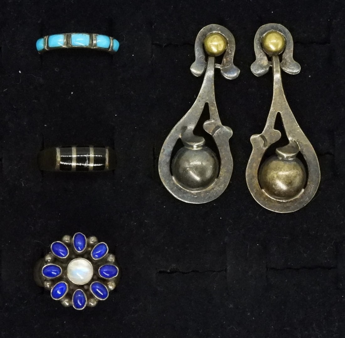 Vintage 925 Taxco Earrings & Rings: Vintage sterling Taxco pierced earrings, 2". Three sterling rings with turquoise, onyx, lapis & moonstone. Sizes 6 & 8. (23.8 dwt)
