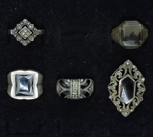Five Sterling Marcasite Onyx Rings