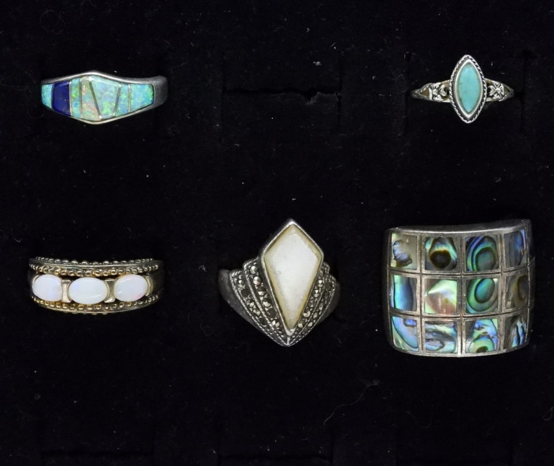 5 Sterling Abalone, Opal More Rings: Five sterling rings. Abalone, Mother of Pearl, Turquoise, Opal. Sizes 4-7 (17 dwt)