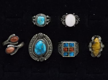 6 Sterling Turquoise, Tigers Eye Rings